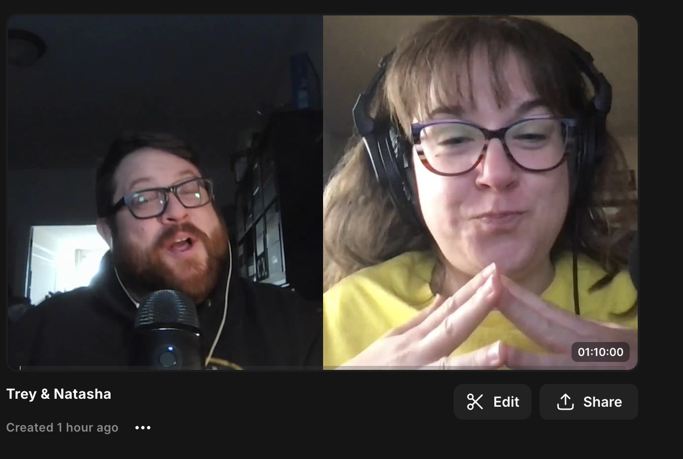 Split screen of Trey and Natasha while recording