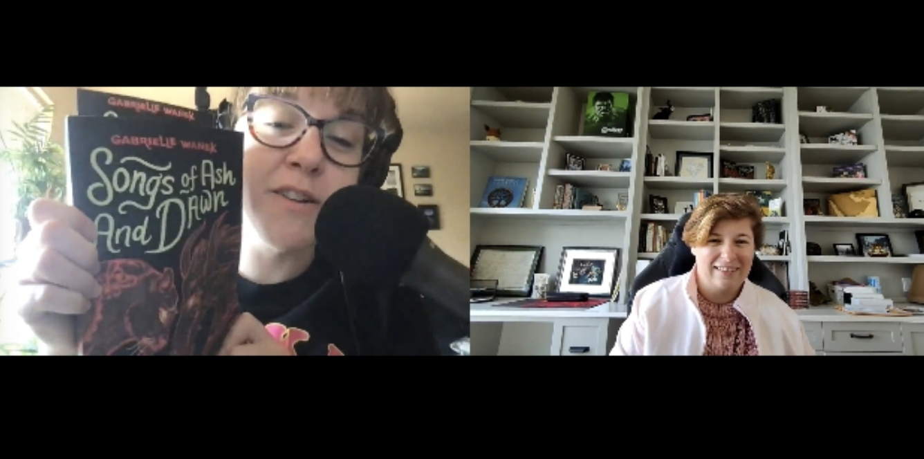 Split screen of Natasha holding up the book, Songs of Ash and Dawn with the author Gabrielle Wanek